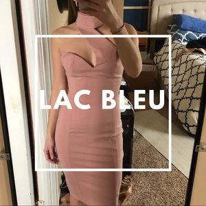 Asymmetrical High Neck body con Midi Dress